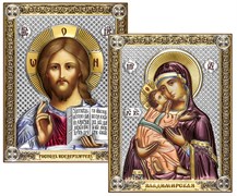 Венчальная пара, серебряные иконы с позолотой и цветной эмалью, лик шелкография (Владимирская)