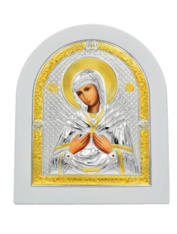 Семистрельная Божия Матерь, серебряная икона белый деревянный оклад - фото 11019