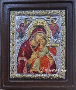 Сладкое Лобзание Божья Матерь, икона шелкография, деревянный оклад, серебряная рамка - фото 11415