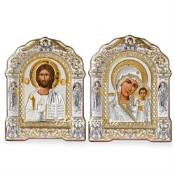 Венчальная пара серебрянных икона в киоте под  оргстеклом, золочение (Казанская) - фото 11447