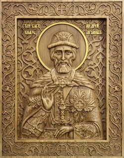 Святой благоверный князь Андрей Боголюбский, резная икона на дубовой цельноламельной доске 3830 - фото 12787