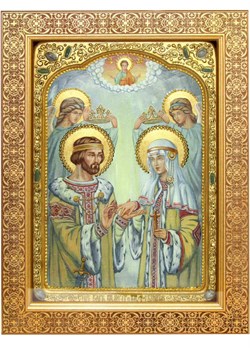 Рукописная икона в киоте под стеклом Святые Петр и Феврония 3853 - фото 12842