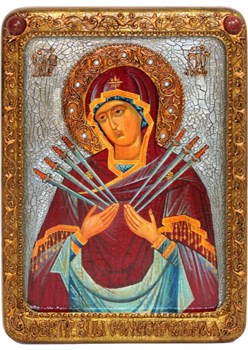 Рукописная икона Образ Божией Матери Семистрельная на кипарисе 3864 - фото 12876