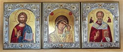 Триптих: Спаситель, Казанская Божия Матерь, Николай Чудотворец, шелкография, серебряный оклад, золочение, кристаллы Swarovski 3868 - фото 12918