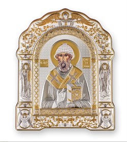 Икона Спиридон Тримифунтский, греческая икона с серебряным окладом под оргстеклом 3910