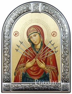Семистрельная образ Божией Матери, икона с серебряной рамкой - фото 7033