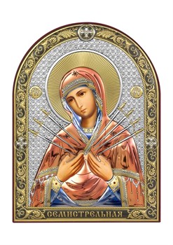 Семистрельная Божия Матерь, серебряная икона с позолотой и цветной эмалью - фото 7464