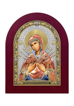 Семистрельная Божия Матерь, серебряная икона деревянный оклад цветная эмаль - фото 7470