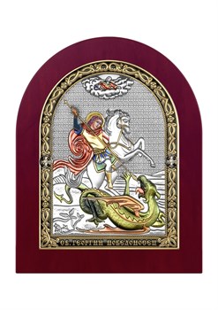 Георгий Победоносец, серебряная икона деревянный оклад цветная эмаль - фото 7556