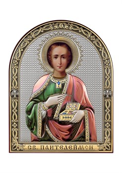 Пантелеймон целитель, серебряная икона с позолотой и цветной эмалью - фото 7578