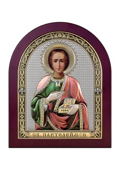 Пантелеймон целитель, серебряная икона деревянный оклад цветная эмаль - фото 7583