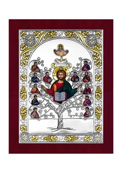 Спас Древо Жизни, серебряная икона с позолотой в деревянной рамке - фото 7652