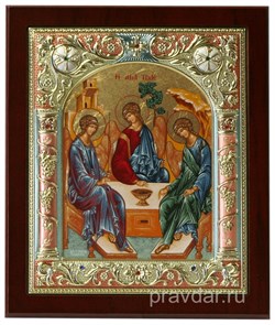 Святая Троица, икона 14х17 см, шелкография, серебряный оклад, золочение, цветная эмаль, кристаллы Swarovski - фото 7859