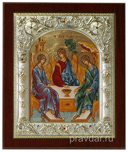 Святая Троица, икона 14х17 см, шелкография, серебряный оклад, золочение+, кристаллы Swarovski - фото 7861