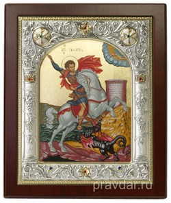 Георгий Победоносец, икона 14х17 см, шелкография, серебряный оклад, золочение, кристаллы Swarovski - фото 7881