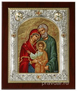 Святое Семейство, икона 14х17 см, шелкография, серебряный оклад, золочение, кристаллы Swarovski - фото 7887