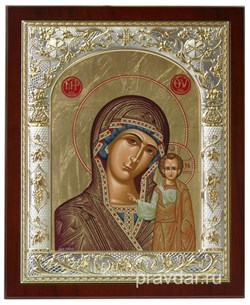 Казанская Божья Матерь, икона 24х29 см, шелкография, серебряный оклад, золочение, кристаллы Swarovski - фото 7900