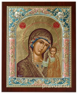 Казанская Божья Матерь, икона 24х29 см, шелкография, серебряный оклад, золочение, цветная эмаль (синий), кристаллы Swarovski - фото 7902