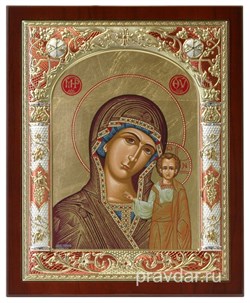 Казанская Божья Матерь, икона 24х29 см, шелкография, серебряный оклад, золочение, цветная эмаль (красный), кристаллы Swarovski - фото 7905
