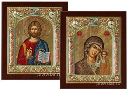 Венчальная пара, иконы 14х17 см, шелкография, серебряный оклад, золочение, цветная эмаль, кристаллы Swarovski (Казанская) - фото 7918