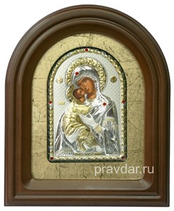 Владимирская Божья Матерь, серебряная икона в деревянном киоте, золочение - фото 7940