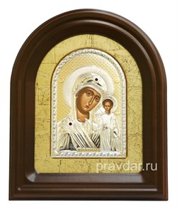 Казанская Божия Матерь, серебряная икона в деревянном киоте, золочение - фото 7944