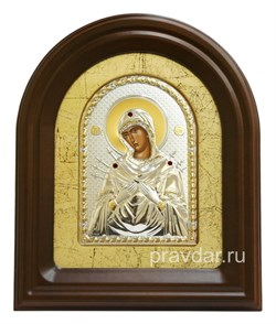 Семистрельная Божья Матерь, серебряная икона в деревянном киоте, золочение - фото 7948