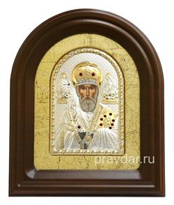 Николай Чудотворец, серебряная икона в деревянном киоте, золочение - фото 7956