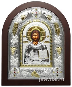 Спас Премудрый, греческая икона шелкография, серебряный оклад с виноградной лозой - фото 8235