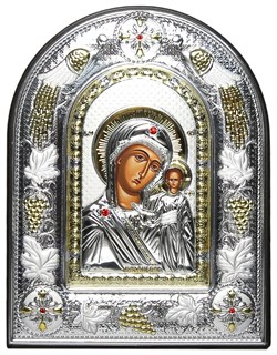 Казанская Божия Матерь, греческая икона шелкография, серебряный оклад с виноградной лозой, рамка в коже - фото 8253