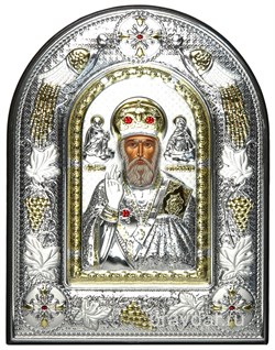 Николай Чудотворец, греческая икона шелкография, серебряный оклад с виноградной лозой, рамка в коже - фото 8325