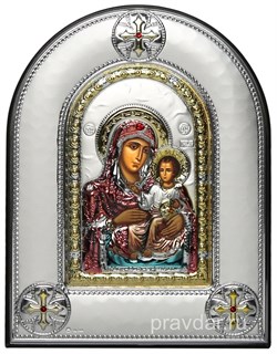 Иерусалимская Божья Матерь, греческая икона шелкография, серебряный оклад, цветная эмаль, рамка в коже - фото 8361