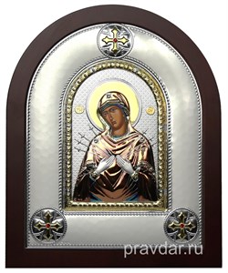 Семистрельная Божья Матерь, греческая икона шелкография, серебряный оклад, цветная эмаль - фото 8364