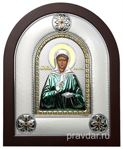 Матрона Московская, греческая икона шелкография, серебряный оклад, цветная эмаль - фото 8376