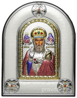 Николай Чудотворец, греческая икона шелкография, серебряный оклад, цветная эмаль, рамка в коже - фото 8387