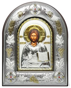 Спас Премудрый, серебряная икона в киоте со стеклом, виноградная лоза - фото 8402