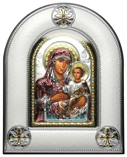 Иерусалимская Божья Матерь, серебряная икона в киоте со стеклом, цветная эмаль - фото 8424