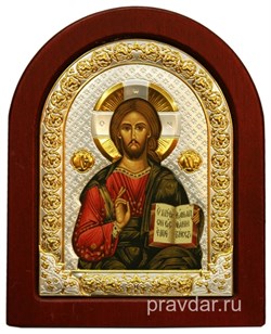 Спас Премудрый, икона шелкография, деревянный оклад, серебряная рамка - фото 8527