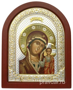 Казанская Божья Матерь, икона шелкография, деревянный оклад, серебряная рамка - фото 8541