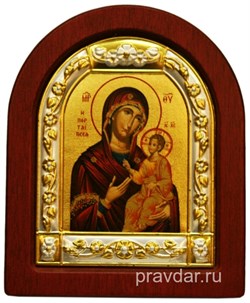 Иверская Божья Матерь, икона шелкография, деревянный оклад, серебряная рамка - фото 8549