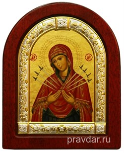 Семистрельная Божья Матерь, икона шелкография, деревянный оклад, серебряная рамка - фото 8561