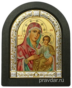Иерусалимская Божья Матерь, икона шелкография, деревянный оклад, серебряная рамка - фото 8573