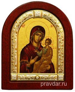 Одигитрия Божья Матерь, икона шелкография, деревянный оклад, серебряная рамка - фото 8577