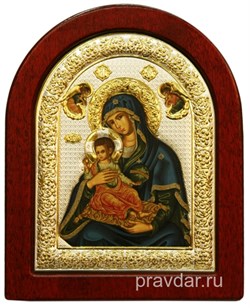 Керкира Божья Матерь, икона шелкография, деревянный оклад, серебряная рамка (синие ризы) - фото 8581