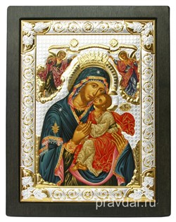 Сладкое Лобзание Божья Матерь, икона шелкография, деревянный оклад, серебряная рамка - фото 8589