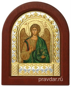 Михаил Архангел, икона шелкография, деревянный оклад, серебряная рамка - фото 8597