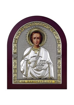 Пантелеймон целитель, серебряная икона с позолотой в деревянном окладе - фото 9236