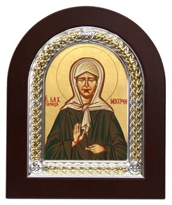 Матрона Московская, икона с серебряной рамкой в деревянным окладом - фото 9335