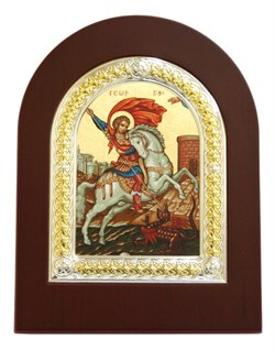 Георгий Победоносец, шелкография с серебряной рамкой, икона с серебряной рамкой в деревянным окладом - фото 9337