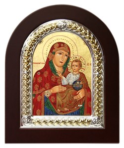 Иерусалимская Божья Матерь, икона шелкография, деревянный оклад, серебряная рамка - фото 9341